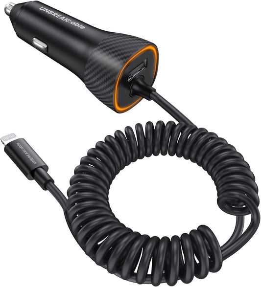 32W Iphone Car Charger -  [PD 20W Quick Charge] [Apple MFI C94 Certified] Phone Cigarette Lighter with Built-In 5FT Lightning Cable for Apple Iphone 14/13/12/11/Xs/Xs Max/Xr/X/8-Orange