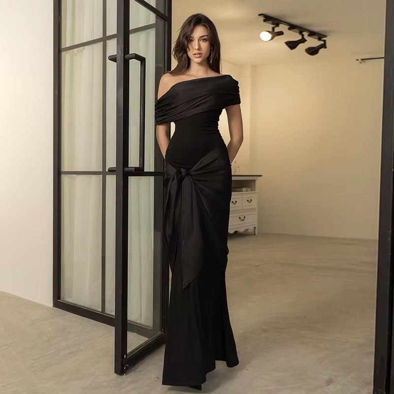 New Party Evening Dresses Elegant Black Slash Neck Maxi Dress for Women Fashion Short Sleeve Bodycon Banquet Vestidos Female
