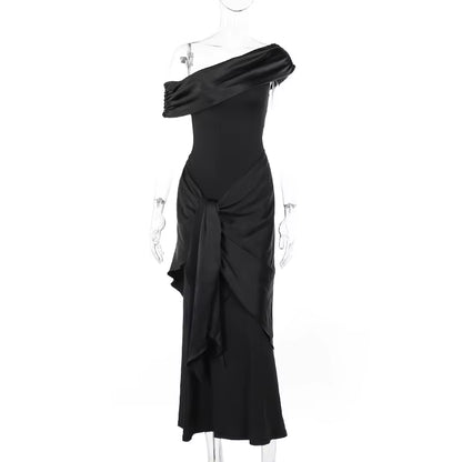 New Party Evening Dresses Elegant Black Slash Neck Maxi Dress for Women Fashion Short Sleeve Bodycon Banquet Vestidos Female