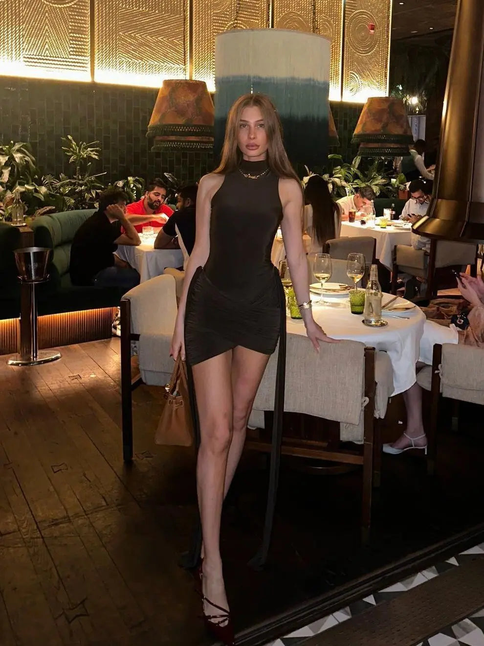 Elegant Sleeveless High Neck Elastic Slim Lace up Dress Women Tight Party Club Evening Dress Elegant Short Dress Vestido